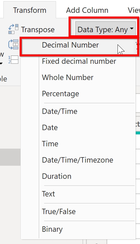 Change Type to Decimal Numebr